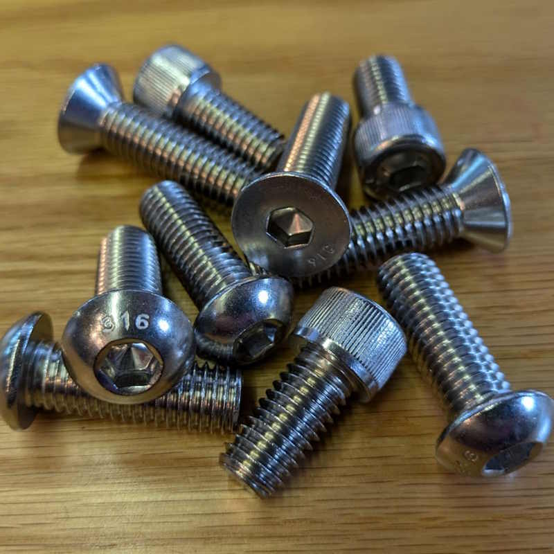 316 Stainless Socket Cap Screws with button, flat, and socket head